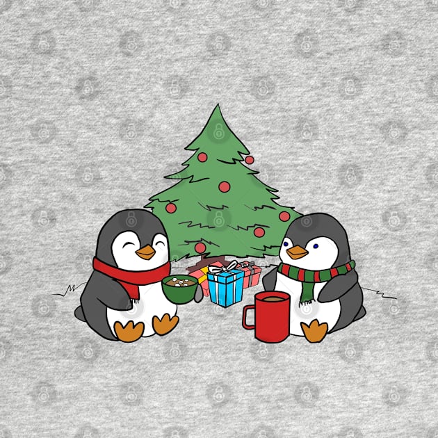 Christmas Penguins Enjoying Hot Cocoa with Christmas Tree v2 by Elizabeths-Arts